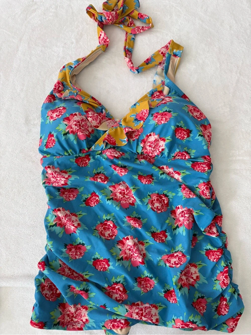 Matilda Jane Chase the Sun Floral Tankini Swim Top Blue Ruffle Tie Halter XXL E3